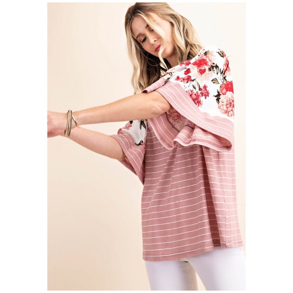 KORI ORIENTAL FLOWER MIXED PIN STRIPE TOP - Picture 3 of 8